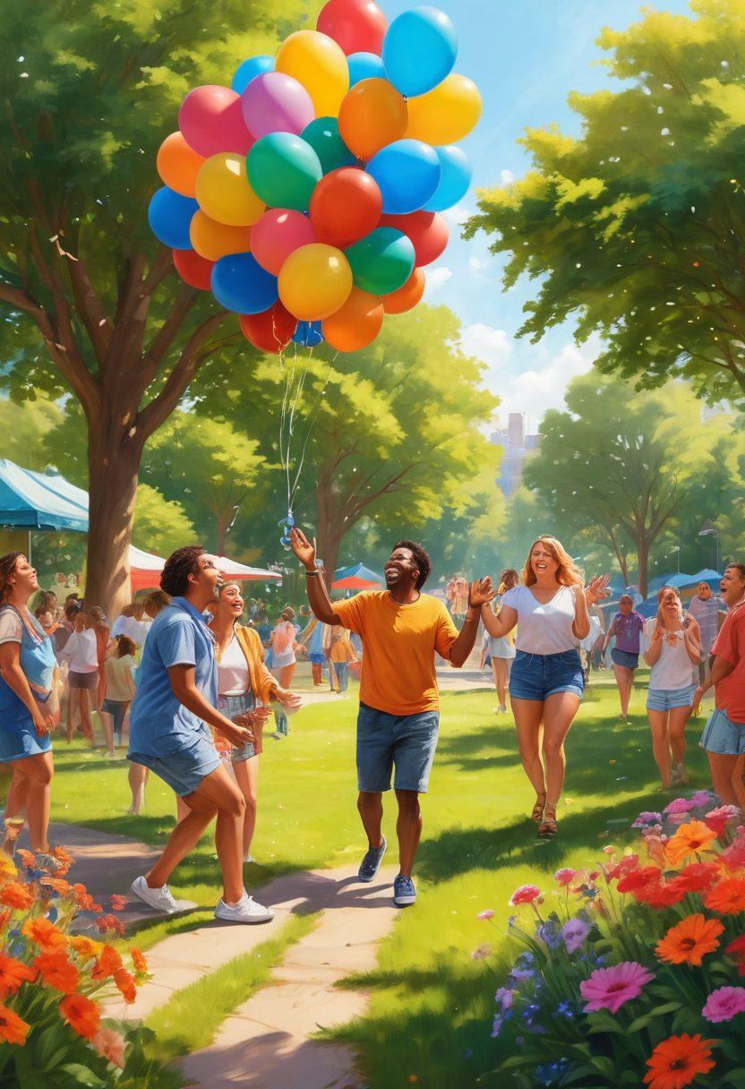 A vibrant community scene showing diverse individuals laughing, sharing, and engaging in joyful activities in a sunlit park filled with colorful flowers and greenery. Emphasize connection through open arms, smiles, and collaborative art projects, symbolizing the transformative journey from loneliness to happiness. Include elements like balloons and picnic setups for a festive feel. super-realistic. vibrant colors. sunny atmosphere.