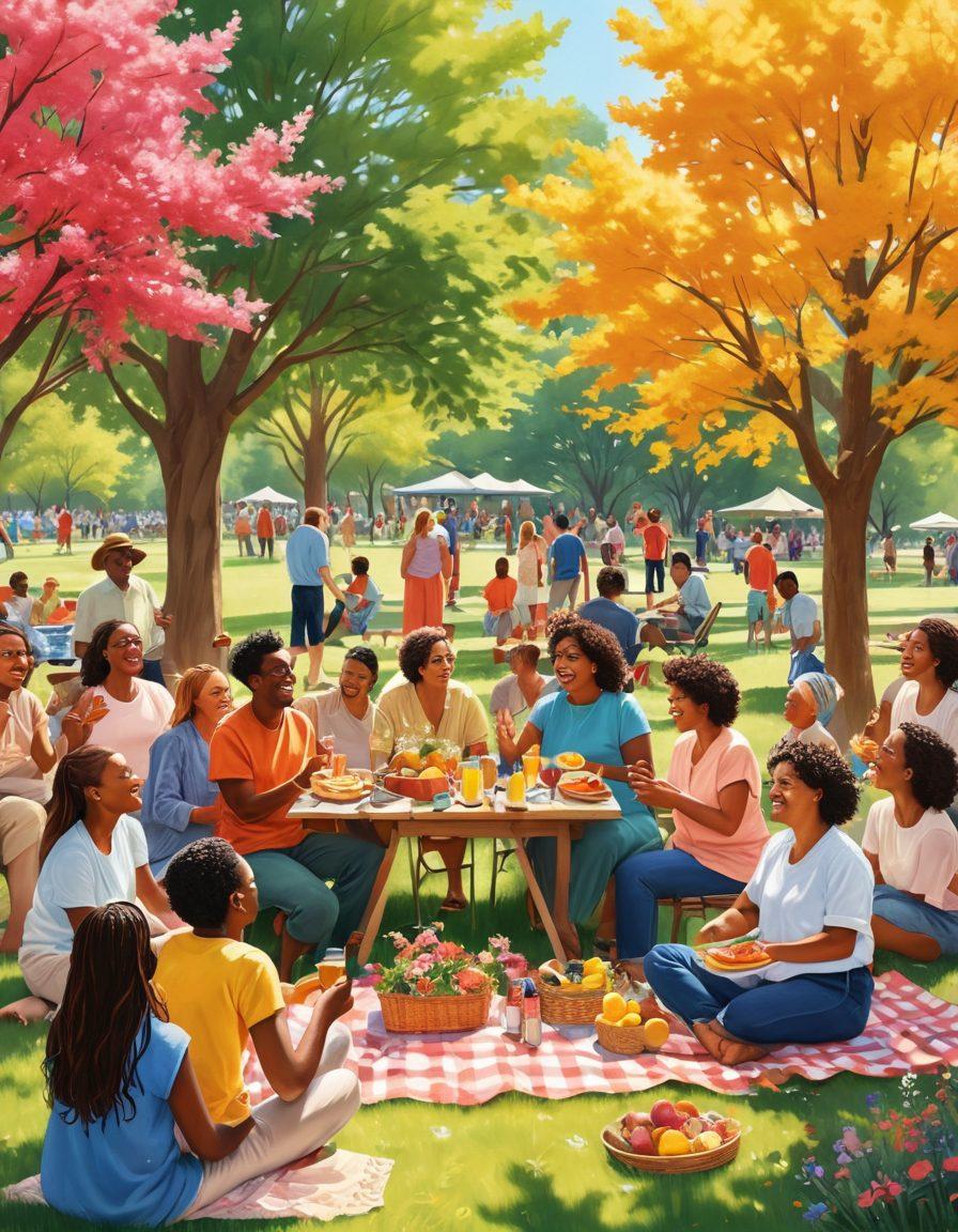 A vibrant community gathering in a sunlit park, with diverse individuals sharing laughter, food, and stories. Include elements of nature with blooming flowers, trees, and a picnic setting, symbolizing warmth and connection. Illustrate a sense of joy and togetherness, showcasing gestures of support and kindness among people. Use bright and cheerful colors to evoke a feeling of happiness and wellbeing. super-realistic. vibrant colors.